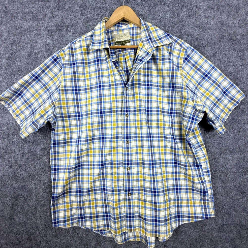Cabela's Camp Shirt Mens XL Blue Yellow Plaid Short Sleeve Cabin Dad Outdoor